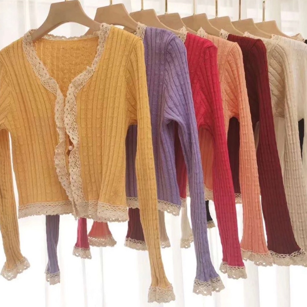 Lace cardigan thin sweater cropped style button red long sleeve knit - Picture 3 of 4